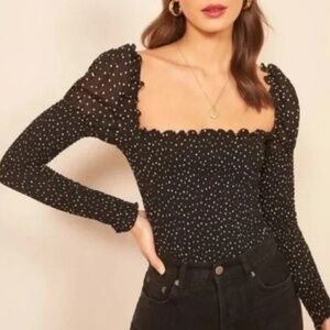 Reformation Elisabetta Black and White Polka Dot Georgette Blouse Sz M